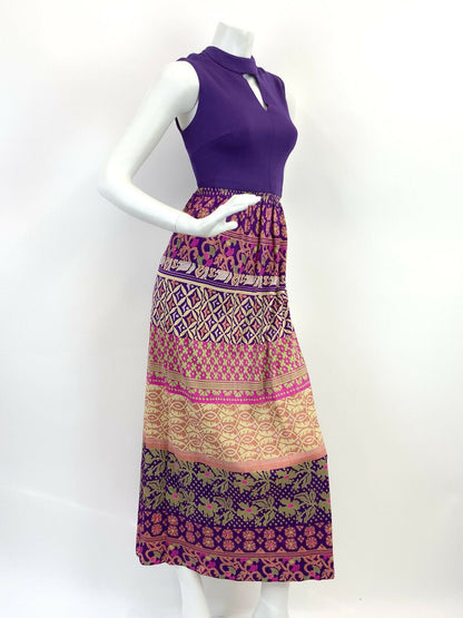 VTG 60s 70s PURPLE PINK GREEN BEIGE FLORAL GEOMETRIC SLEEVELESS MAXI DRESS 10