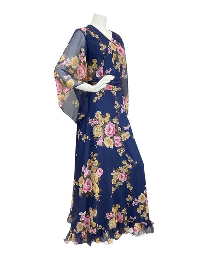 VINTAGE 60s 70s BLUE GOLD PINK FLORAL SHEER ANGEL SLEEVE FOLK BOHO MAXI DRESS 12