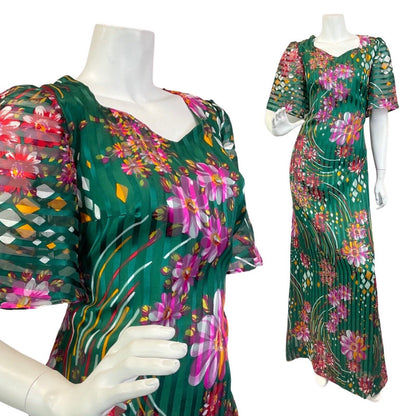 VINTAGE 60s 70s GREEN PURPLE ORANGE FLORAL STRIPED SHEER SUMMER MAXI DRESS 10 12