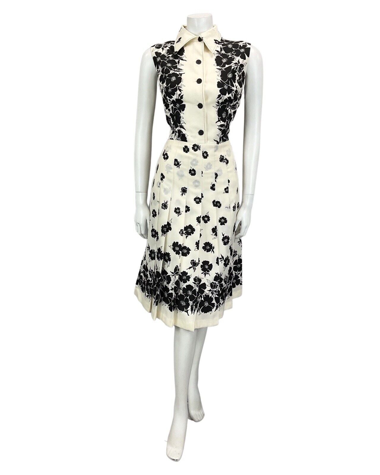 VTG 60S 70S OFF WHITE BLACK FLORAL PATTERNED BOHO MOD PLEATED MIDI DRESS 12 14