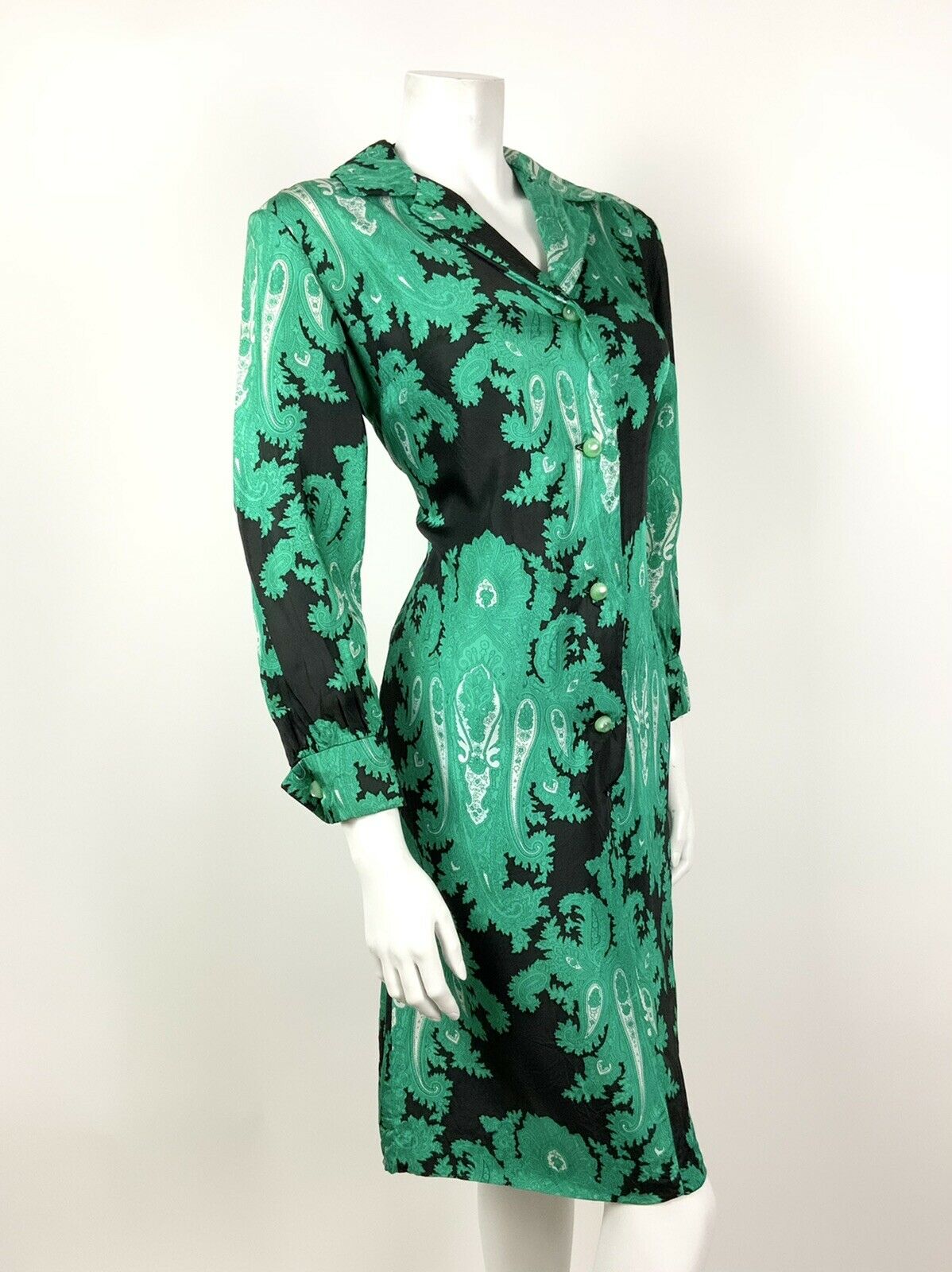 VINTAGE 60s 70s BLACK GREEN WHITE FLORAL PAISLEY PSYCHEDELIC SHIRT DRESS 10 12