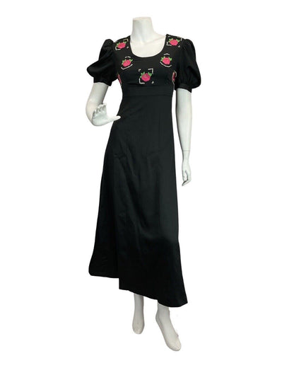 VINTAGE 60s 70s BLACK PINK ROSE EMBROIDERED DIAMANTE PUFF SLEEVE MOD MAXI DRESS