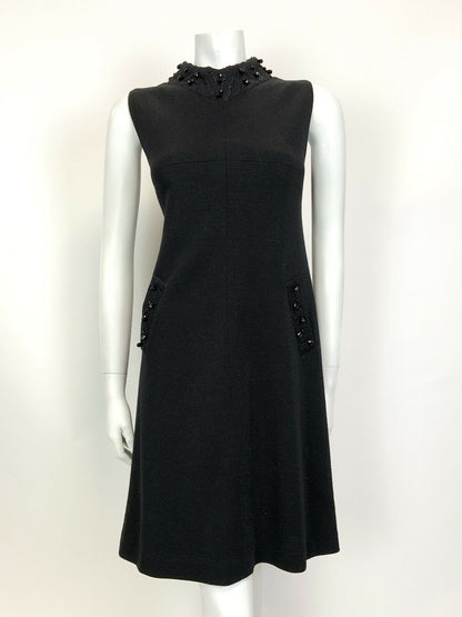 VINTAGE 60s 70s BLACK BEADED DISCO PARTY LUREX MOD A-LINE SWING DRESS 10