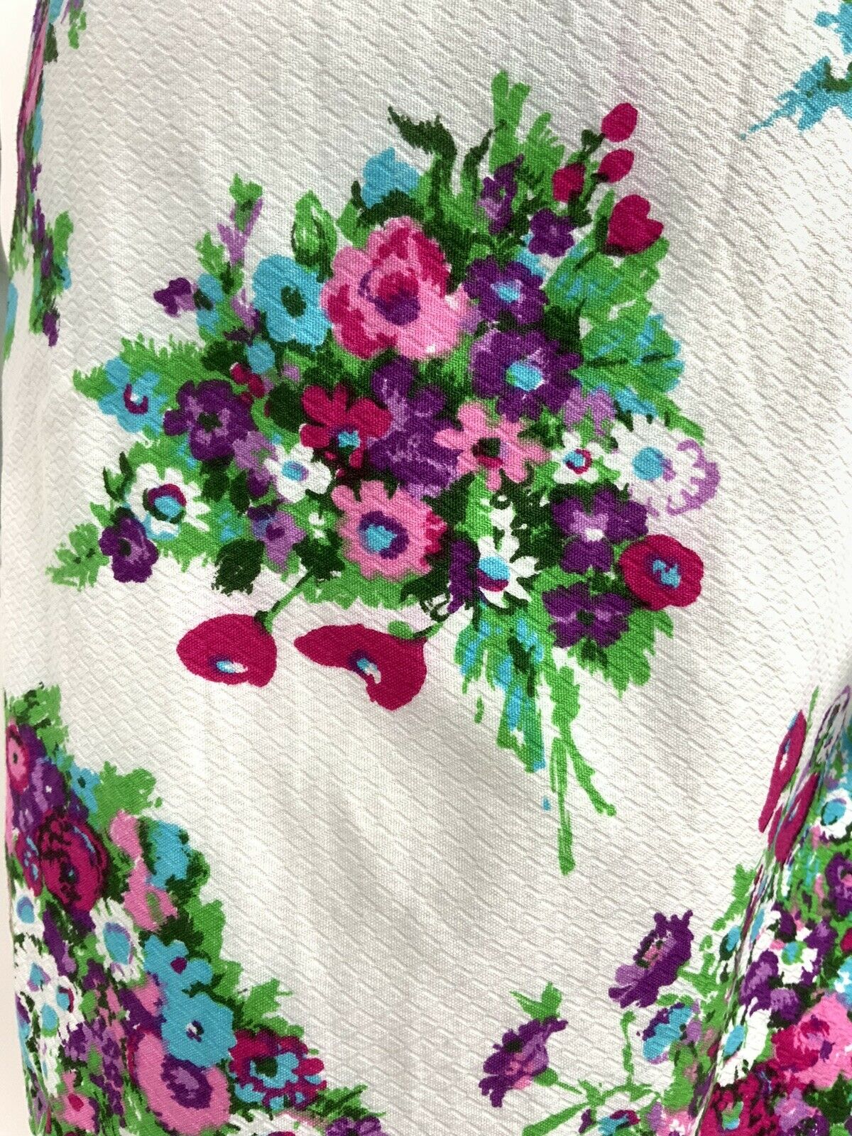 VINTAGE 60s 70s WHITE PINK PURPLE GREEN BOUQUET FLORAL WINGED SHIRT DRESS 12 14