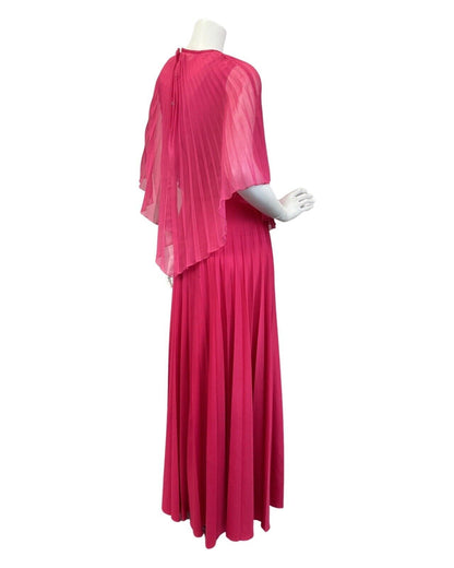 VINTAGE 70s FUCHSIA PINK STUDIO 54 BOHO CAPE SLEEVE MAXI DRESS GOWN 10