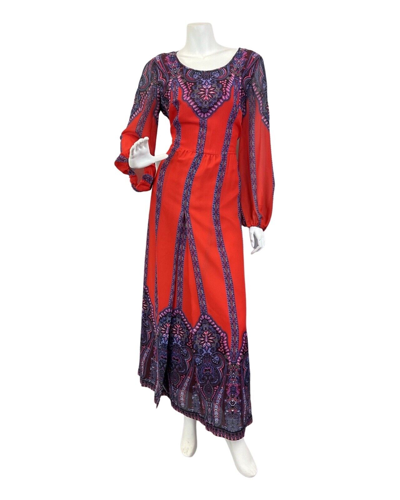 VINTAGE 60s 70s RED PURPLE BLACK FLORAL MANDALA BOHO FOLK MAXI DRESS 14