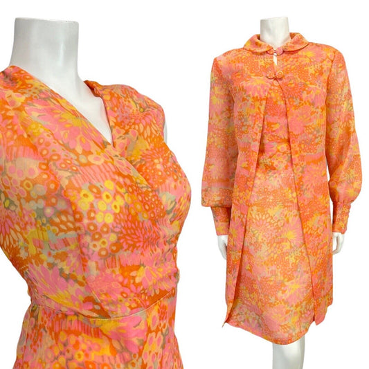 VTG 60s 70s ORANGE PINK YELLOW PSYCHEDELIC FLORAL SLEEVELESS DRESS BED COAT 12