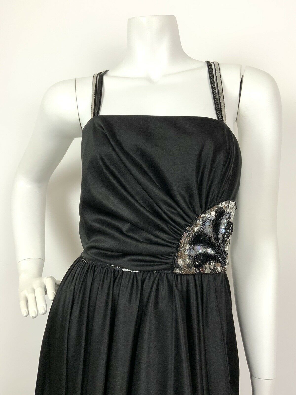 VINTAGE 60s 70s BLACK SILVER SEQUIN COCKTAIL PARTY DECO STRAPPY MAXI DRESS 6