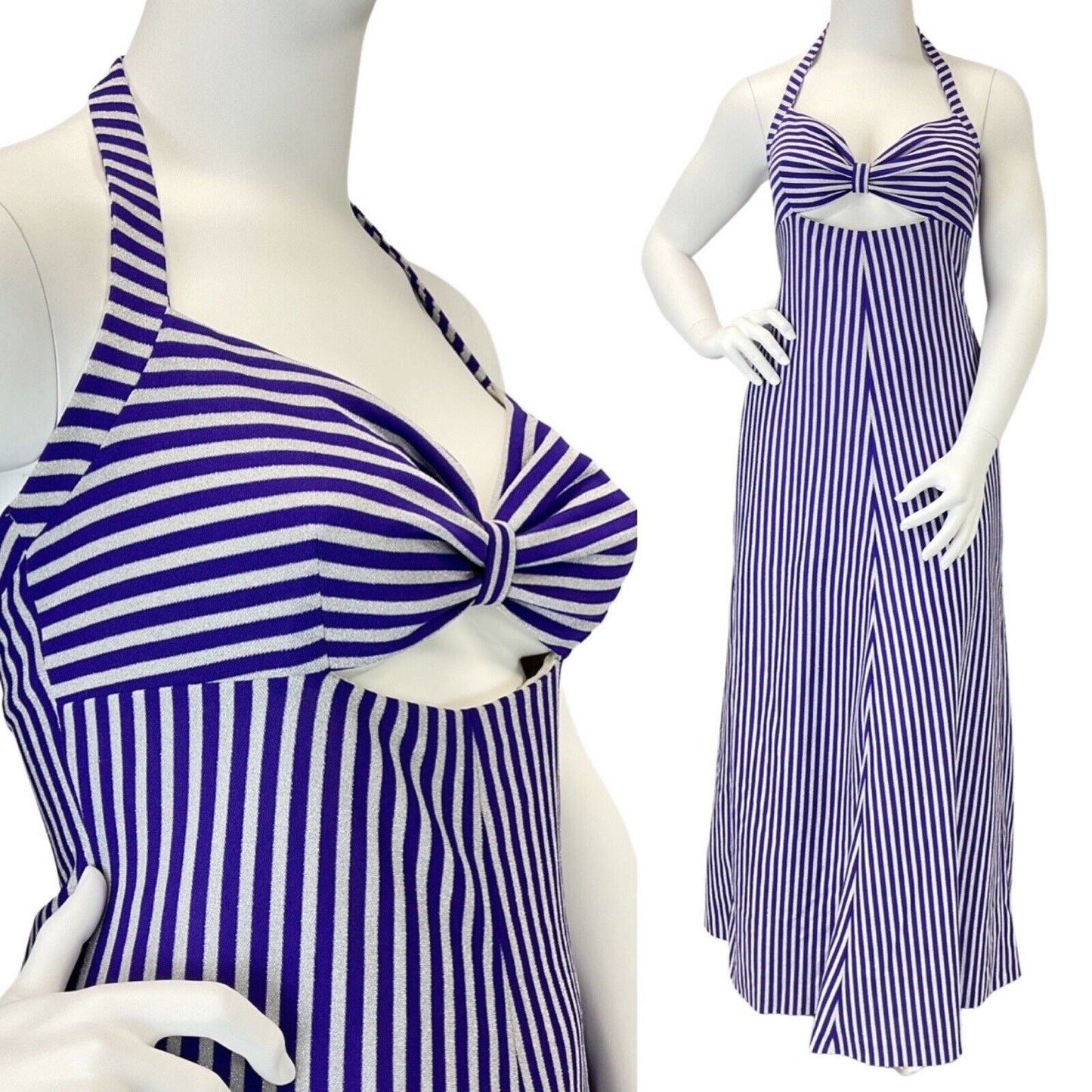 VINTAGE 60s 70s PURPLE SILVER STRIPED CUT-OUT DISCO PARTY HALTER MAXI DRESS 14