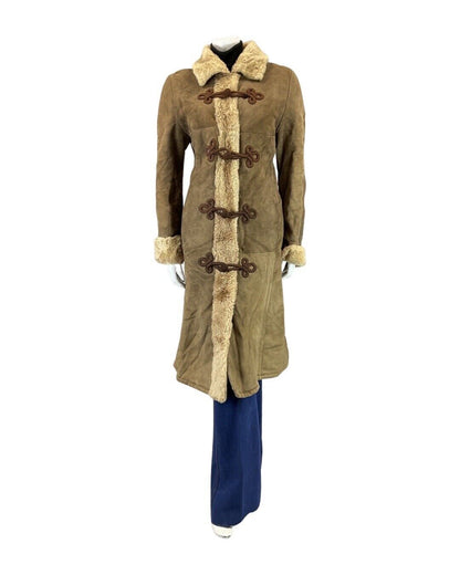 VINTAGE 60s 70s BROWN BROCADE SUEDE ZHIVAGO SHEARLING LONG COAT 12 14