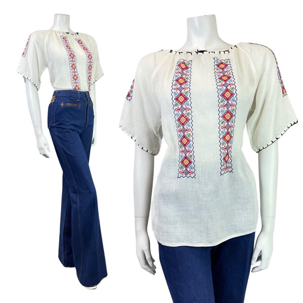 VINTAGE 60s 70s WHITE BLUE RED CROSS-STITCH EMBROIDERED BOHO FOLK BLOUSE 12 14