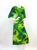 VINTAGE 60s 70s GREEN YELLOW HAWAIIAN PSYCHEDELIC SWIRLING MOD MAXI DRESS 8 10