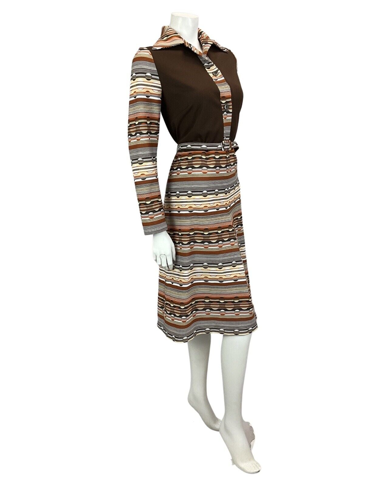 VINTAGE 60S 70S BROWN BEIGE TAN STRIPED ABSTRACT  PRINT MIDI DRESS 14 16