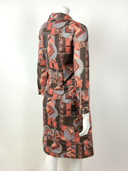 VINTAGE 60s 70s BROWN ORANGE GREY RED GEOMETRIC DAGGER SHIRT DRESS 10 12