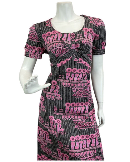 VINTAGE 60s 70s BLACK PINK SILVER ABSTRACT PRINT DISCO PARTY MAXI DRESS 14 16