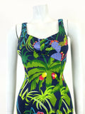 VINTAGE 60s 70s BLUE GREEN PINK PURPLE PALM TREE CACTUS PARROT JUNGLE DRESS 6 8