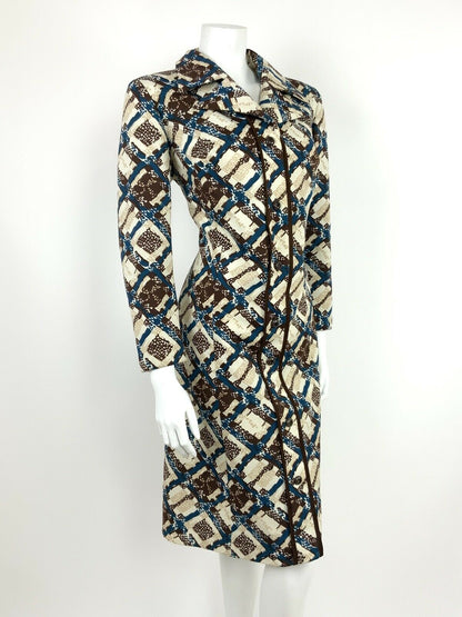 VINTAGE 60s 70s WHITE BROWN BLUE BEIGE GEOMETRIC PLAID SHIRT DRESS 14 16