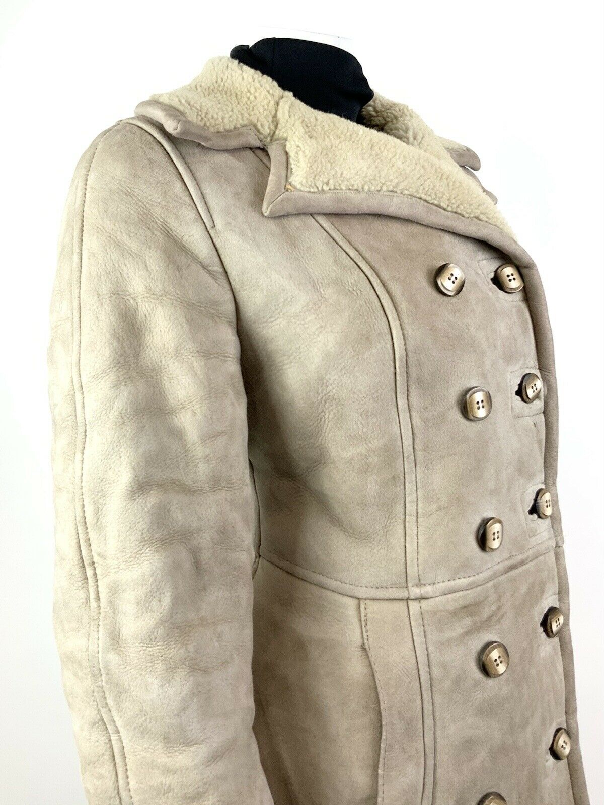 VINTAGE 60s 70s BEIGE CREAM DOUBLE-BREASTED SHEARLING PENNY LANE BOHO COAT 8 10