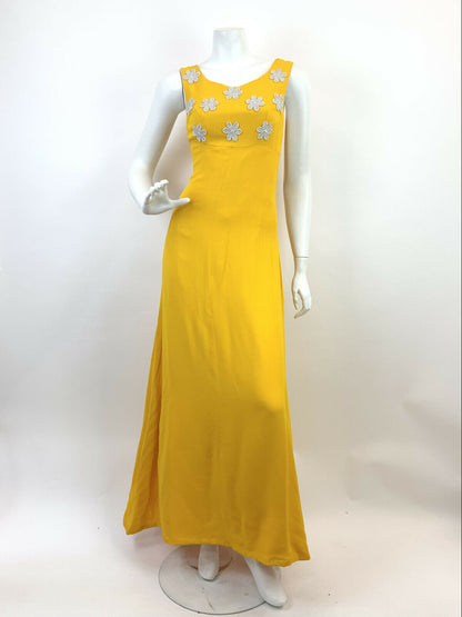 VTG 60s 70s SUNSHINE YELLOW SILVER FLOWER POWER EMPIRE LINE MOD MAXI DRESS 4 6