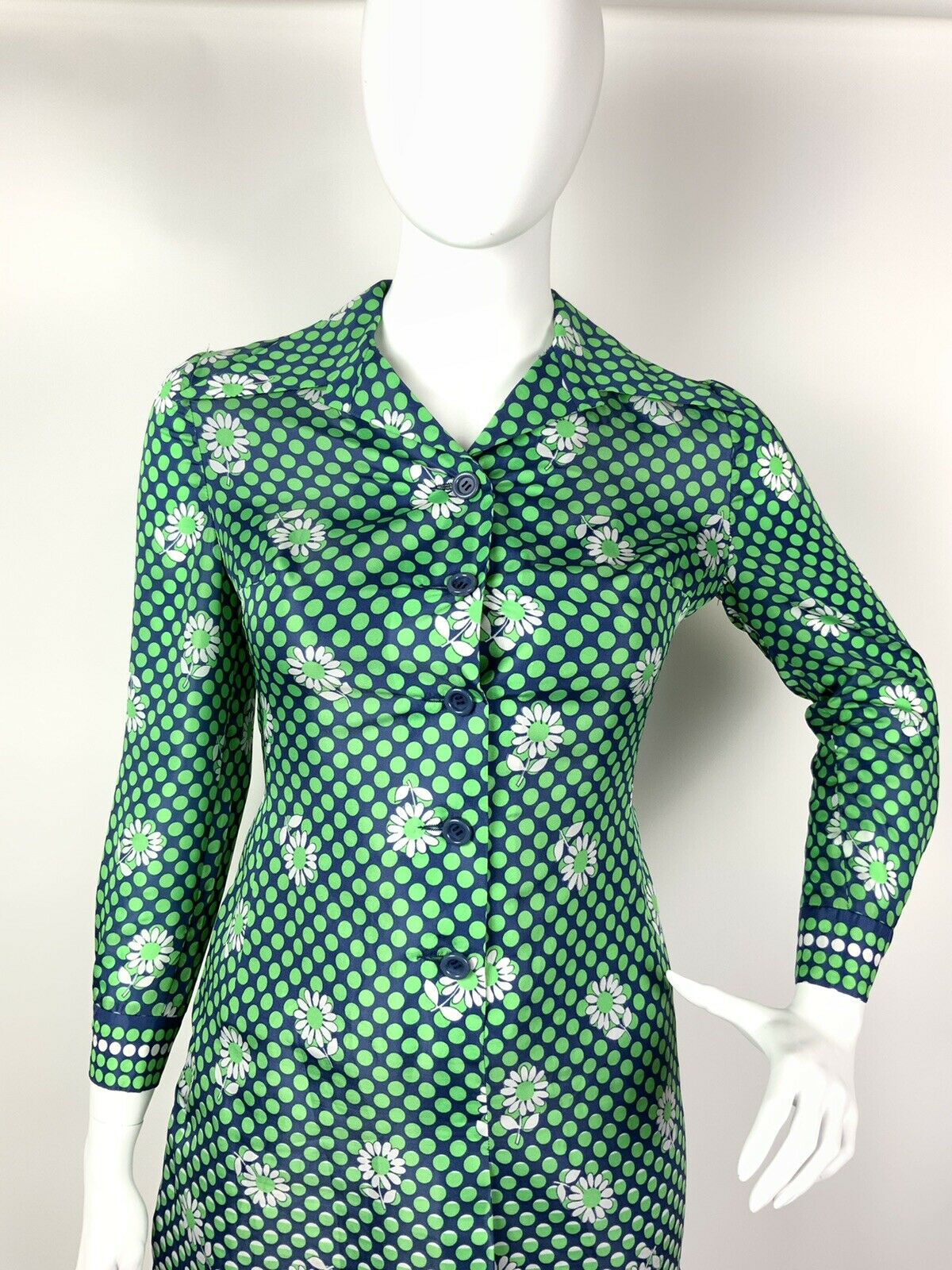 VINTAGE 60s 70s GREEN BLUE WHITE POLKA-DOT FLORAL DAISY DAGGER SHIRT DRESS 16 18