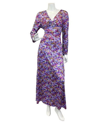 VINTAGE 60s 70s PURPLE PINK YELLOW DITSY FLOWER PSYCHEDELIC MAXI DRESS 10 12