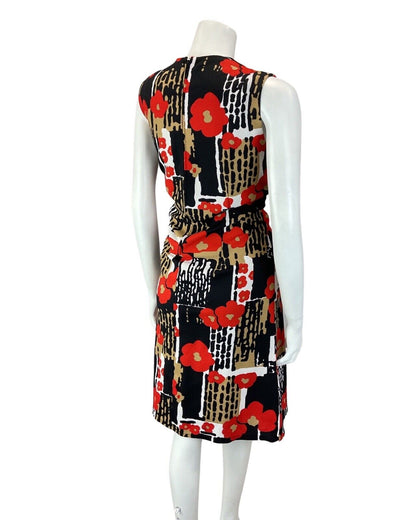 VTG 60s 70s BLACK WHITE RED PSYCHEDELIC FLORAL POPPY MOD SLEEVELESS DRESS 14 16