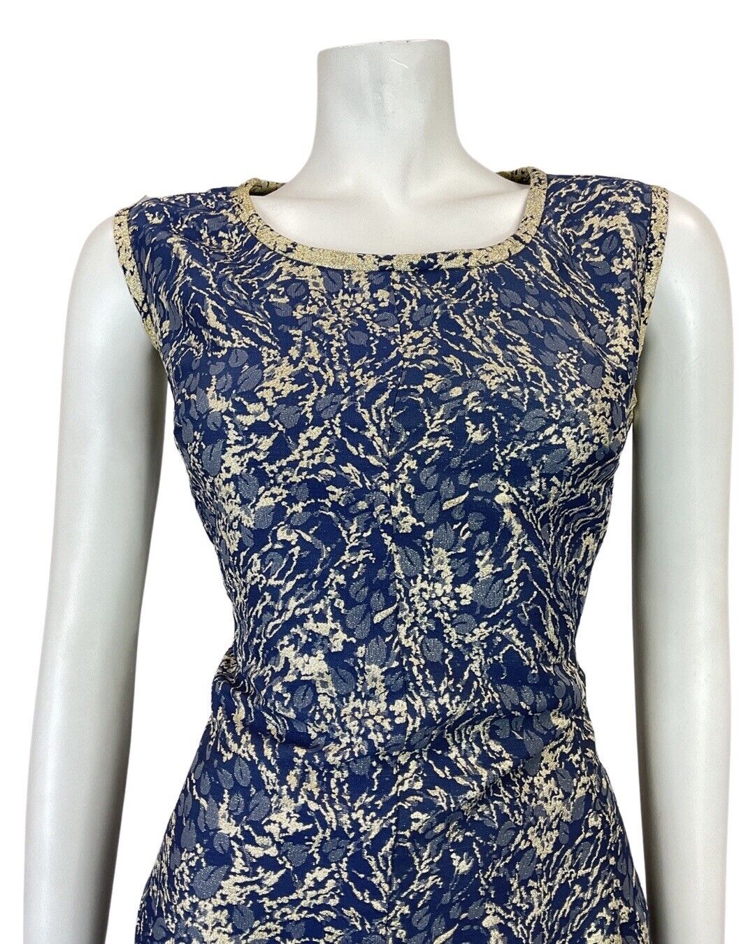 VINTAGE 60s 70s BLUE SILVER PSYCHEDELIC LEAFY PARTY GLAM SLEEVELESS DRESS 14