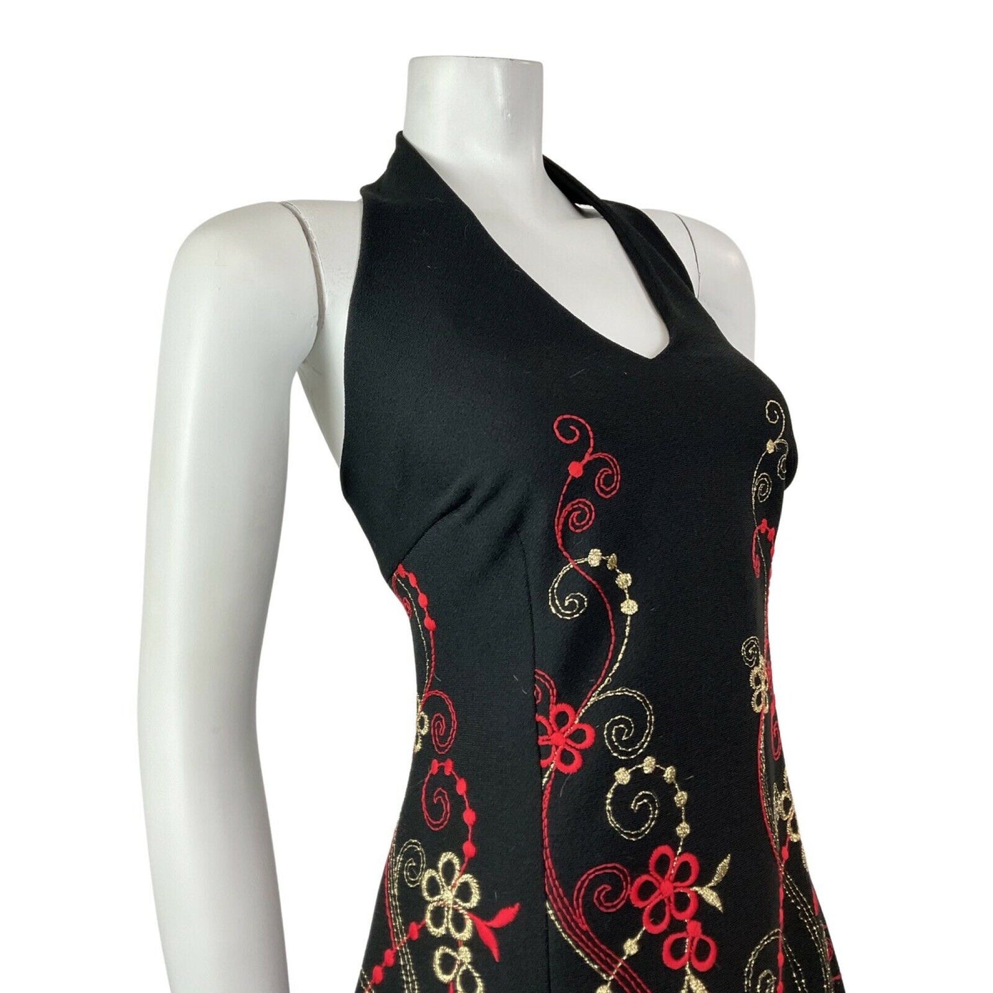 VINTAGE 60s 70s BLACK RED GOLD FLORAL EMBROIDERED PARTY GLAM HALTER DRESS 14