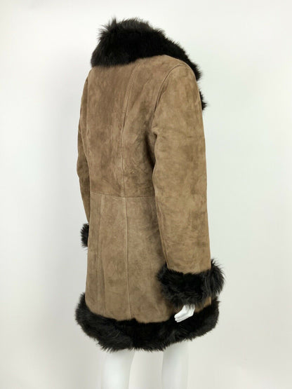 VINTAGE 60s 70s BROWN CAMEL SUEDE LEATHER FUR TRIM PENNY LANE COAT 10 12 14