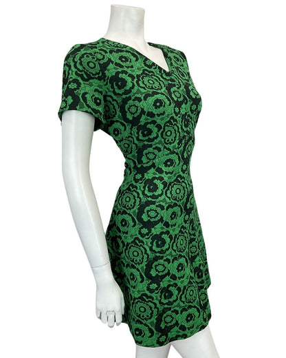 VINTAGE 60s 70s BLACK GREEN FLORAL PATTERN MINI MOD DRESS 16