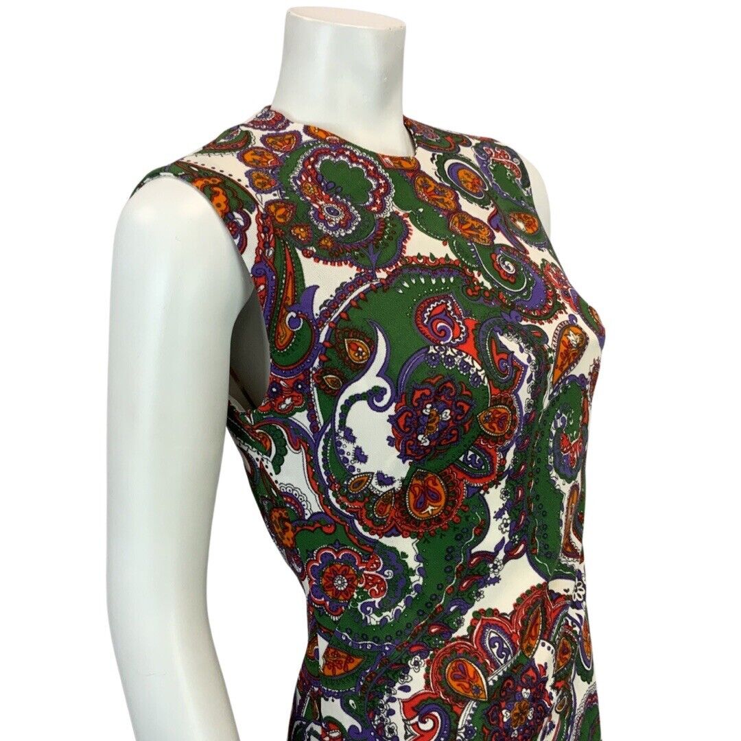 VINTAGE 60s 70s DARK GREEN WHITE RED PURPLE PAISLEY PRINT MIDI DRESS DRESS 12