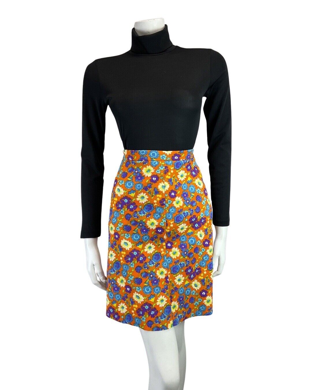 VINTAGE 60s 90s ORANGE BLUE PURPLE DAISY FLOWER MOD RIBBED SHORT SKIRT 8 10