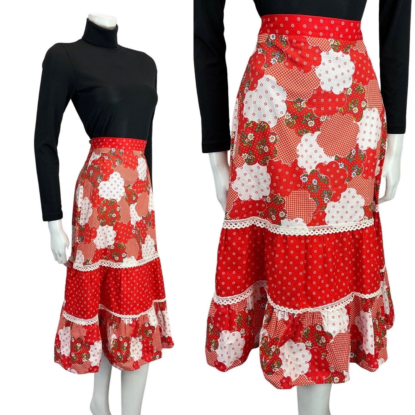 VINTAGE 60s 70s RED WHITE GREEN FLORAL GINGHAM PATCHWORK BOHO FOLK SKIRT 8