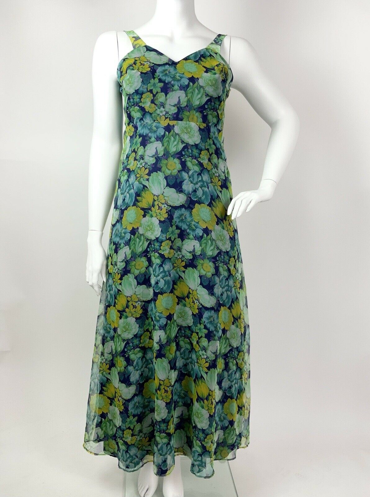 VINTAGE 60s 70s BLUE GREEN PURPLE FLORAL SHEER SWEETHEART MAXI DRESS 12