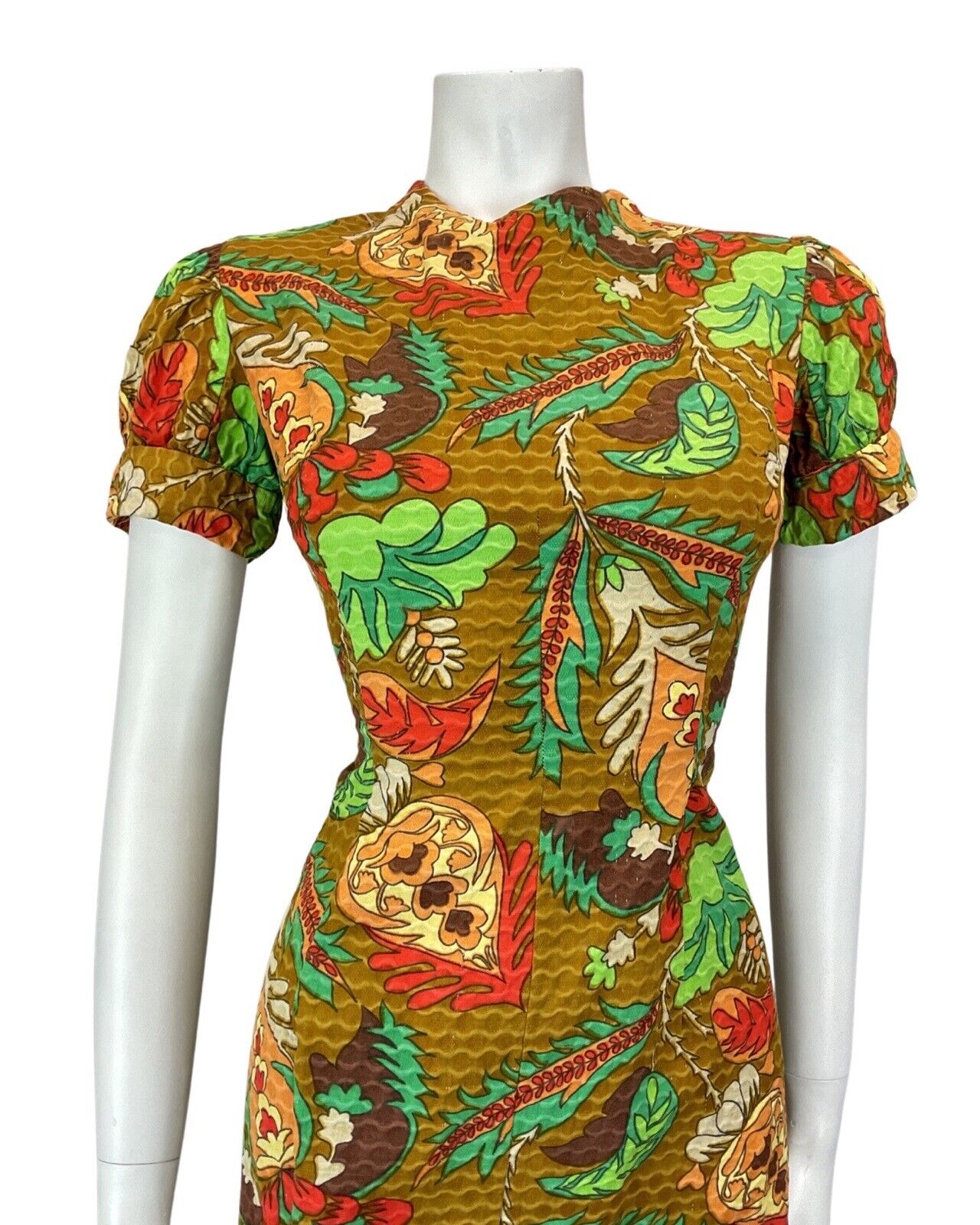 VINTAGE 60s 70s BROWN RED GREEN TROPICAL FLORAL MOD PUFF SLEEVE SHORT DRESS 10