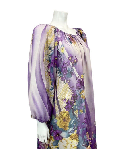 VINTAGE 60s 70s PURPLE LILAC YELLOW FLORAL BOHO SHEER MIDI DRESS 10 12 14 16 18