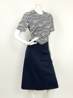 VINTAGE 60s 70s NAVY BLUE WHITE POLKA DOT OP ART DRESS 12