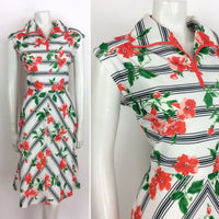 VINTAGE 70s FLORAL STRIPED SUMMER DRESS WHITE RED GREEN 12 14