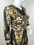 VINTAGE 60s 70s BLACK BROWN BEIGE YELLOW PAISLEY ETHNIC PSYCHEDELIC DRESS 16 18