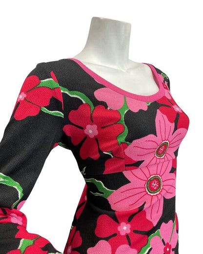 VINTAGE 60s 70s BLACK PINK GREEN FLORAL BLOSSOM MOD ALMEDAHL MAXI DRESS 12