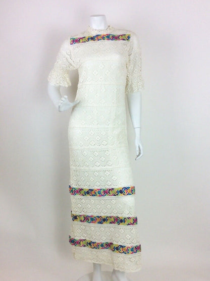 VTG 60S 70S WHITE CREAM EMBROIDERED CROCHET MAXI DRESS 6 8