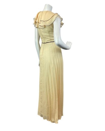 VINTAGE 60s 70s CREAM YELLOW BROWN RUFFLED PLEATED MAXI DRESS 10