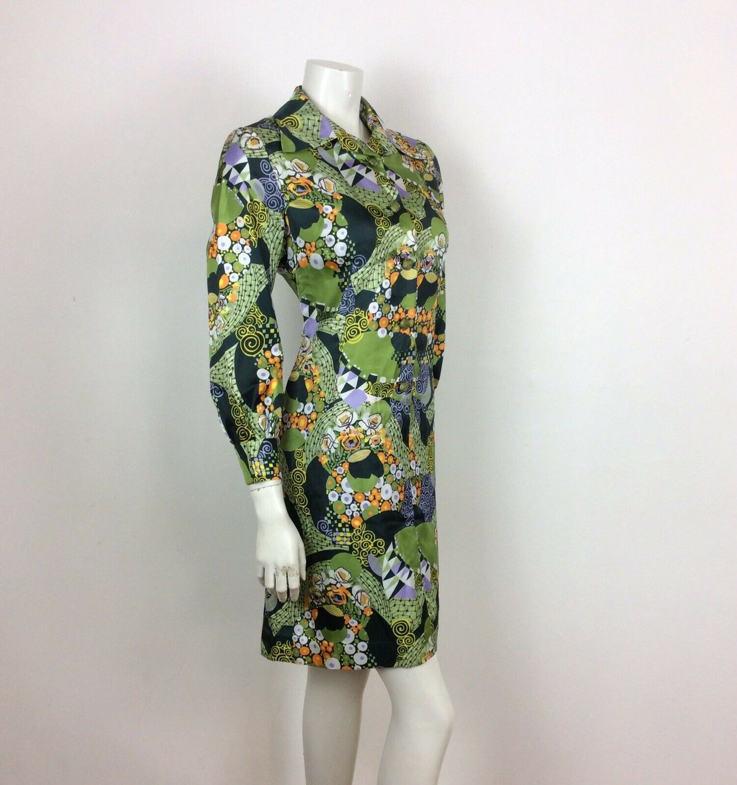 VINTAGE 70s ABSTRACT PSYCHEDELIC SHIRT DRESS GREEN PURPLE YELLOW SWIRL 12 14