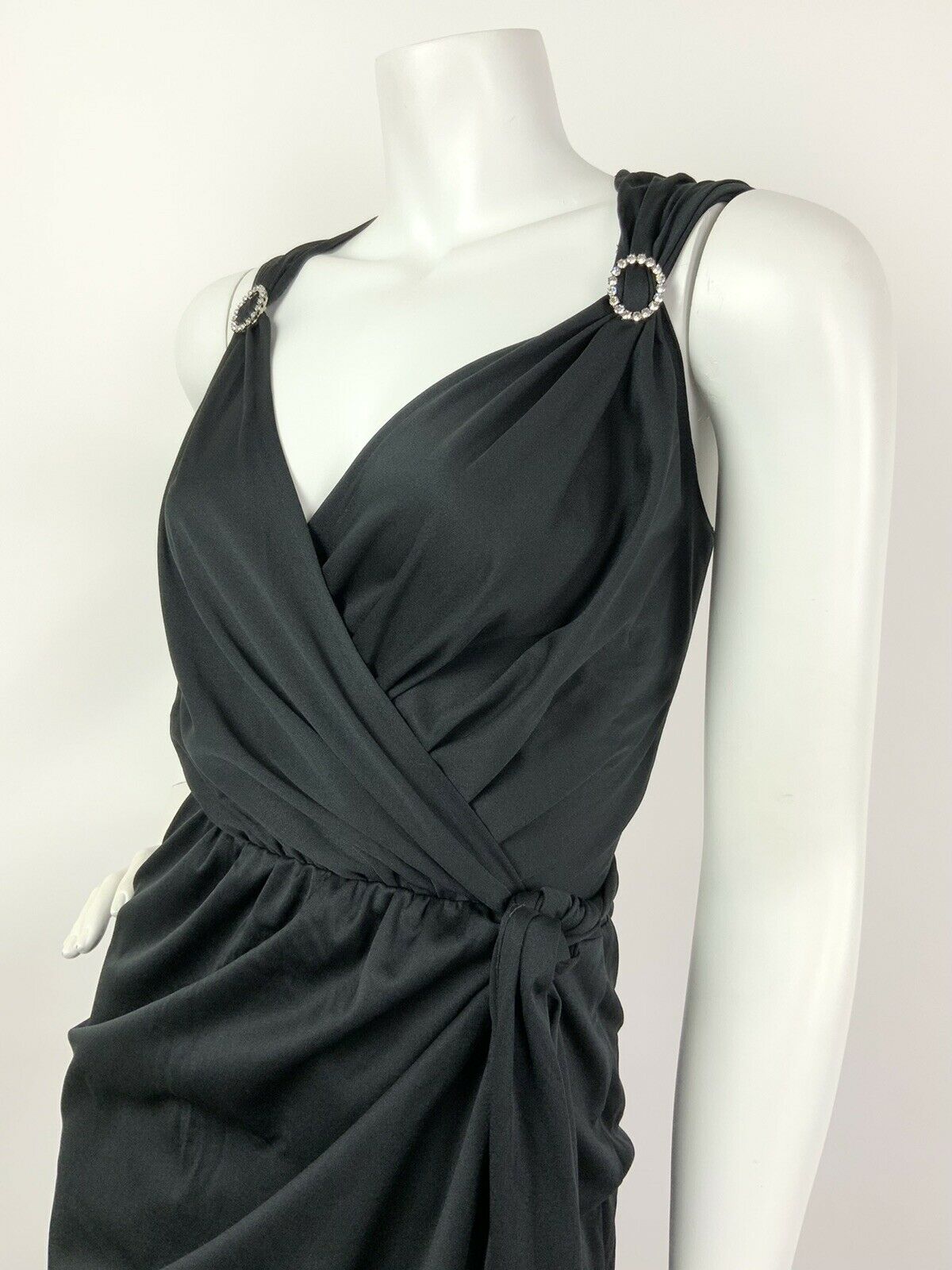 VINTAGE 60s 70s BLACK DIAMANTE PLUNGE NECK STUDIO 54 WRAP MAXI DRESS GOWN 6 8 10