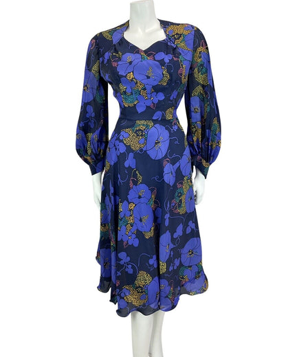 VINTAGE 60s 70s BLUE NAVY GOLD FLORAL PRINT FLOATY BOHO DISCO MOD DRESS 8