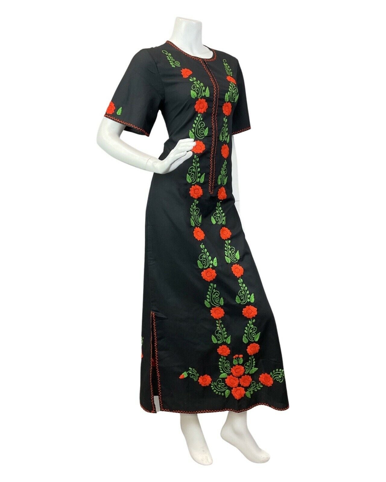 VINTAGE 60s 70s BLACK ORANGE GREEN FLORAL EMBROIDERED BOHO FOLK MAXI DRESS 10