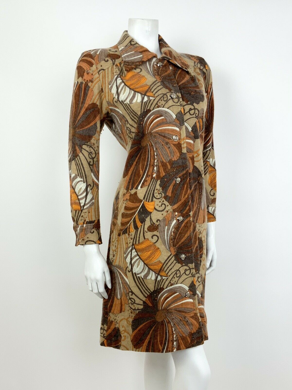 VINTAGE 60s 70s BROWN GREY ORANGE WHITE FLORAL PSYCHEDELIC SHIRT DRESS 14 16