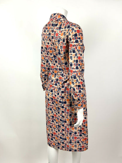 VINTAGE 60s 70s BLUE ORANGE RED BEIGE GEOMETRIC MOD DAGGER SHIRT DRESS 10 12