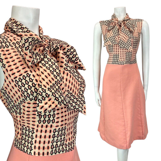 VINTAGE 60s 70s PINK PEACH BLACK GEOMETRIC PUSSYBOW SLEEVELESS DRESS 12