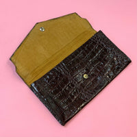 VINTAGE 70s WINE RED CROCODILE LEATHER GLAM CLUTCH BAG